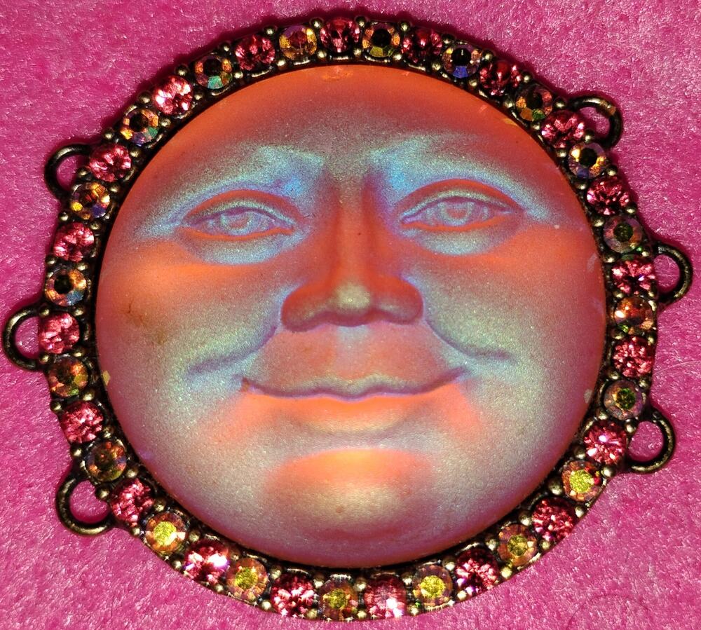 Retired Vtg Kirk's Folly Celestial Moon Face Pendant Pink AB Rhinestones Signed